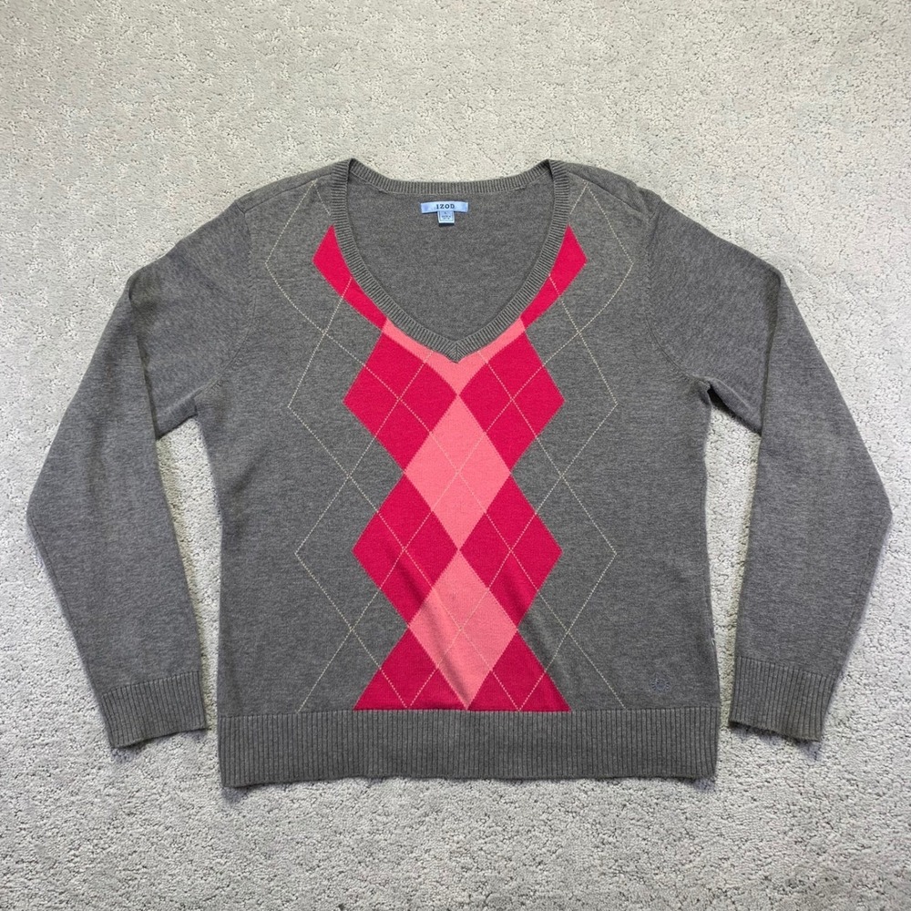 Vintage IZOD Sweater Womens Large‎ Grey Pink Argyle V-Neck Long Sleeve Pullover